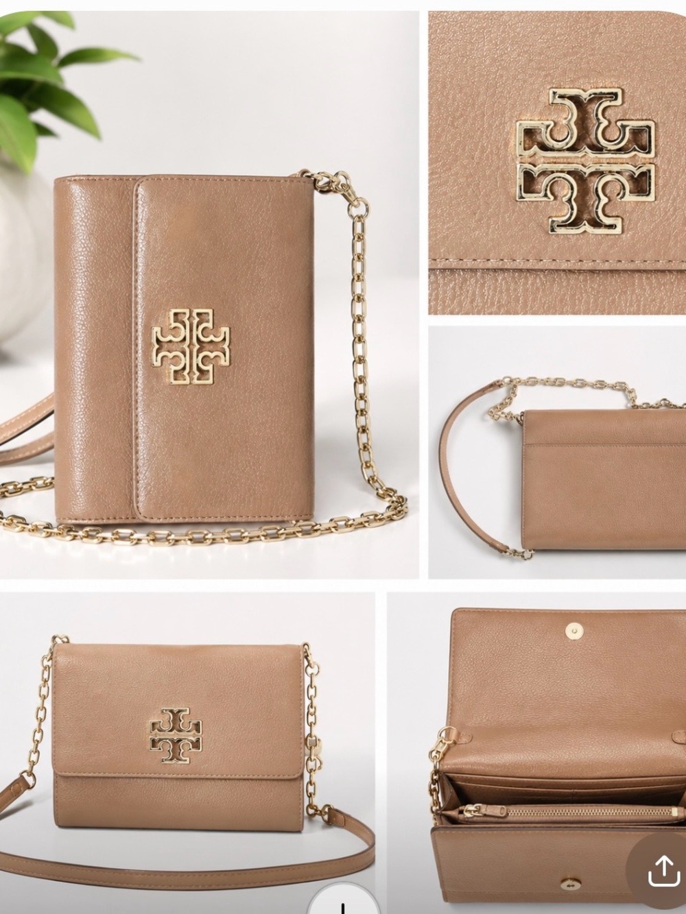 Tory Burch Beige/Tan Leather Chain Crossbody Wallet
